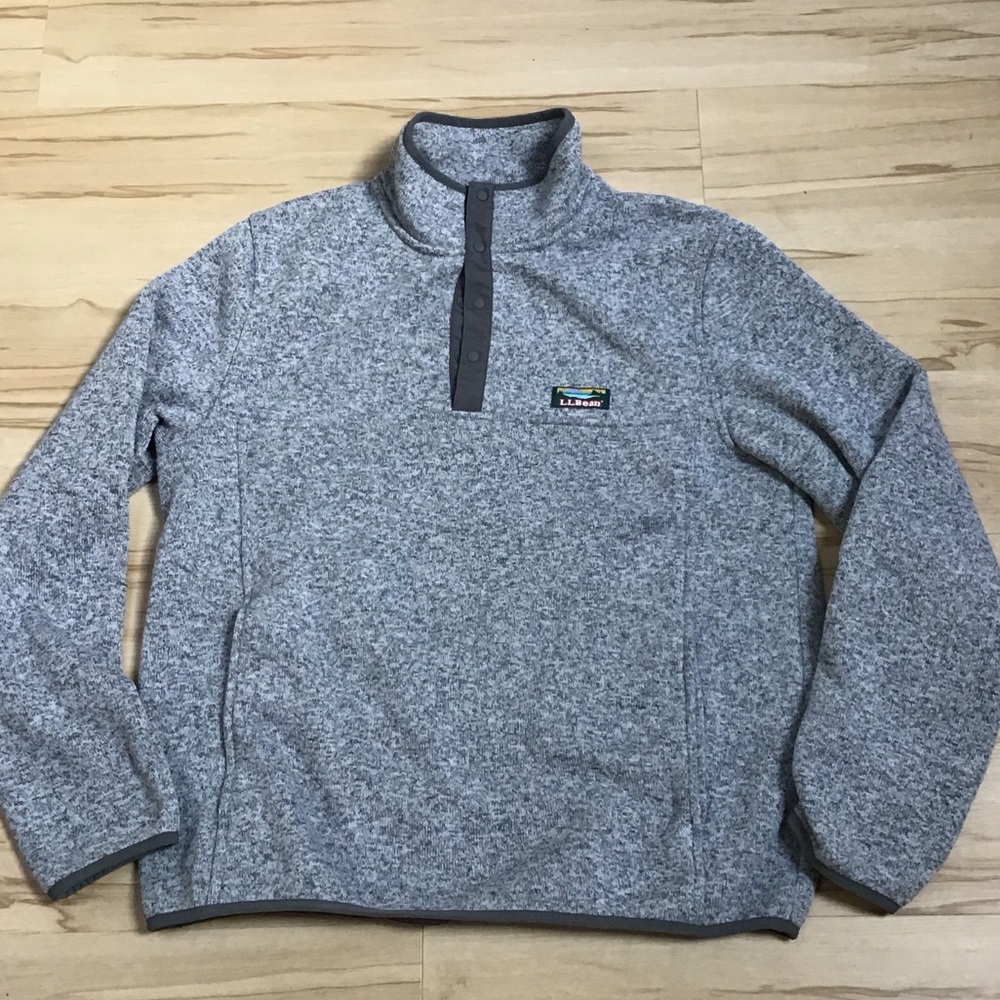 LLBean Heather Grey 3/4 Snap Front Fleece Lined Sweater Pullover Jacket Medium‎